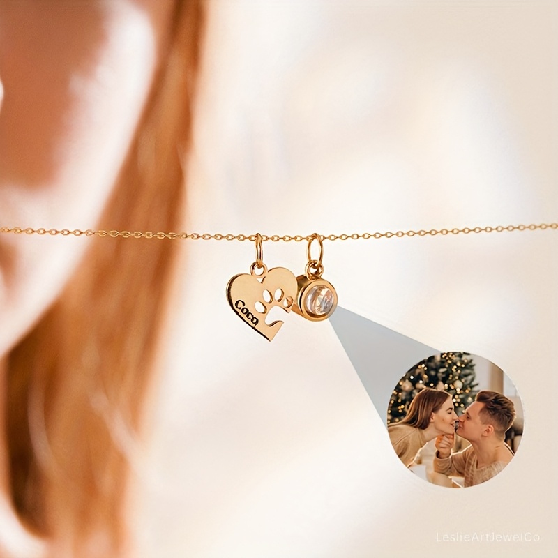 Custom Stainless Steel Heart Shaped Paw Name Projection Necklace